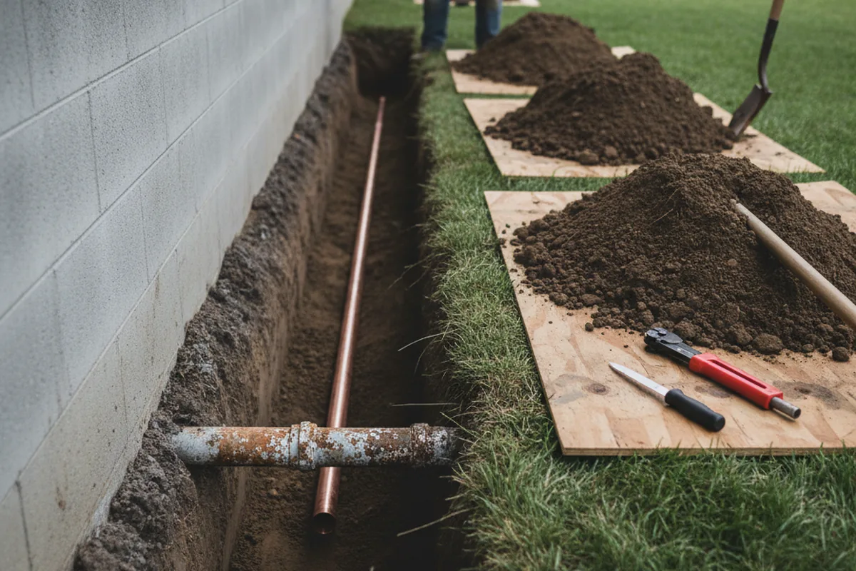 Excavated water line trench during Sewer Line Repair in Cape Fair